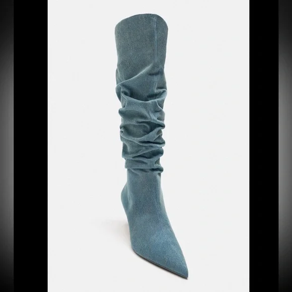 ZARA SLOUCHY DENIM BOOTS - Picture 7 of 16